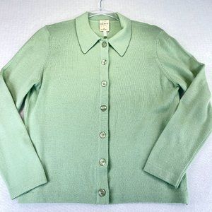 KASHA DE RODIER Paris Womens L Green Knit Sweater Cardigan Collared Wool Blend